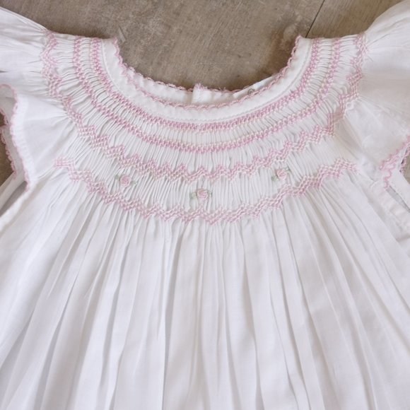 White Smocked Dress and Diaper Cover 100% Cotton Pink Embroidery Boutique NWT - Picture 2 of 5
